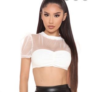 FASHION NOVA Night Around Town White Mesh Crop Top